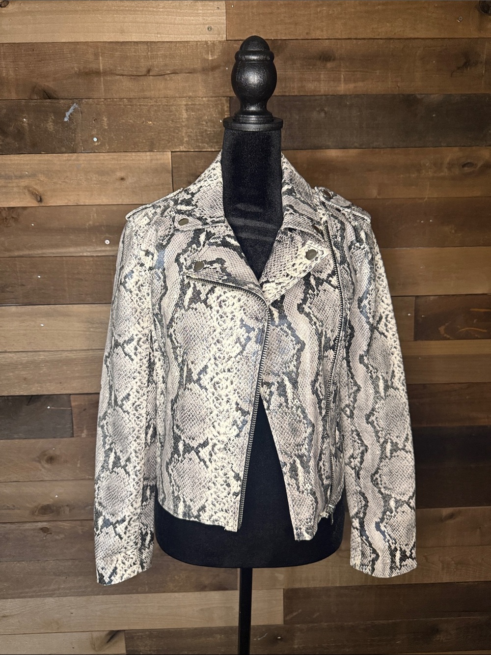 BB Dakota Gray Snake-Print Faux Leather Moto Jacket